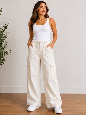 American Eagle Wide Leg Cargo Pants Cream Stretch Utility Size 14
